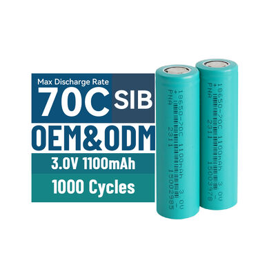chất lượng Ống pin ion natri 18650 tốc độ cao với 1100mAh Capacity 1000 Cycle Life and 20mΩ Internal Impedance for Power Tools and E Scooter nhà máy sản xuất
