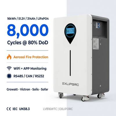 chất lượng EXLIPORC LVB16WTC 16kWh LiFePO4 Hệ thống lưu trữ năng lượng gia đình với pin EV cho 8000 chu kỳ và giám sát WiFi APP nhà máy sản xuất